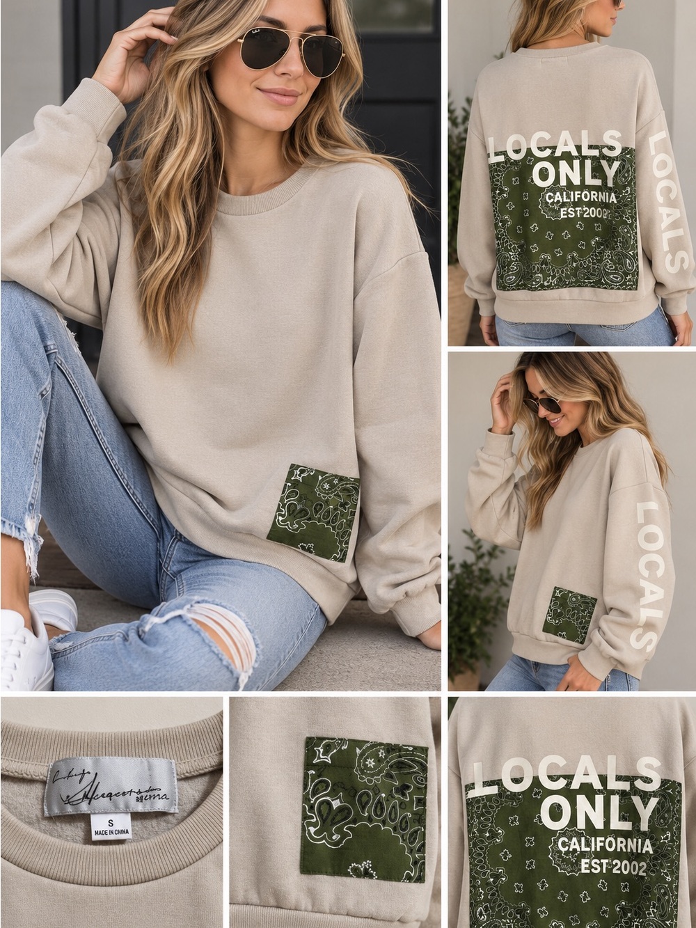 Vintage Havana Beige Crewneck Sweater with Green Bandana Patch unisex